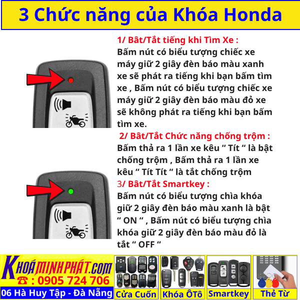 Chức năng Chìa khoá Smnartkey xe Honda Đà Nẵng SH125i ,SH Mode, PCX, SH150i, SH300i, AB airblade, Lead, Vision, Vario Winner