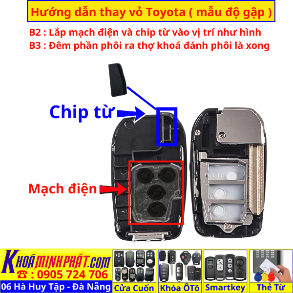 Vỏ Độ Gập Chìa Khoá Xe Toyota Vios Yaris Hiace đời 2015 đến 2025 V703 - Làm Chìa Khoá Xe Ô Tô - Minh Phát Thay pin thay vỏ độ gập smartkey remote