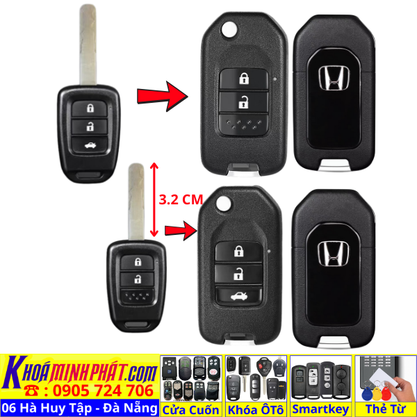 Vỏ Chìa Khoá độ gập điều khiển xe ô tô Honda City, Brio, Civic V33 - Làm Chìa Khoá Xe Ô Tô - Minh Phát Thay pin thay vỏ độ gập smartkey remote