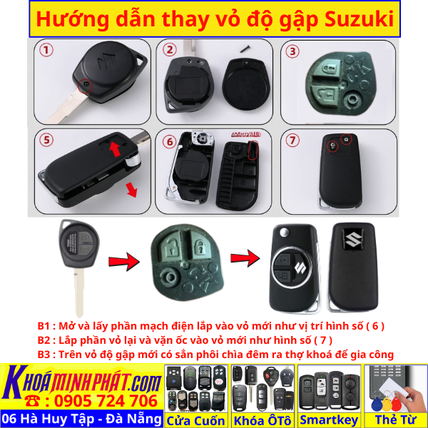 Vỏ Độ gập Chìa khoá xe Suzuki Swift, Celerio, Baleno, Dzire, Ciaz, Grand Vitara, Jimny, XL7, Ertiga S-Cross V913 - Làm Chìa Khoá Xe Ô Tô - Minh Phát Thay pin thay vỏ độ gập smartkey remote