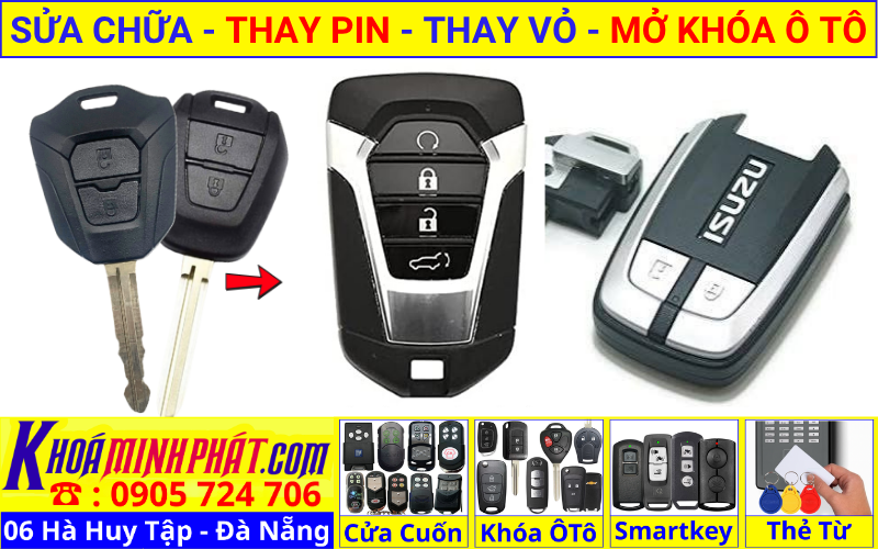 Làm chìa khóa xe ô tô tại Đà Nẵng - thay vỏ thay pin sửa chữa remote smartkey điều khiển xe Isuzu D-Max, mu-X