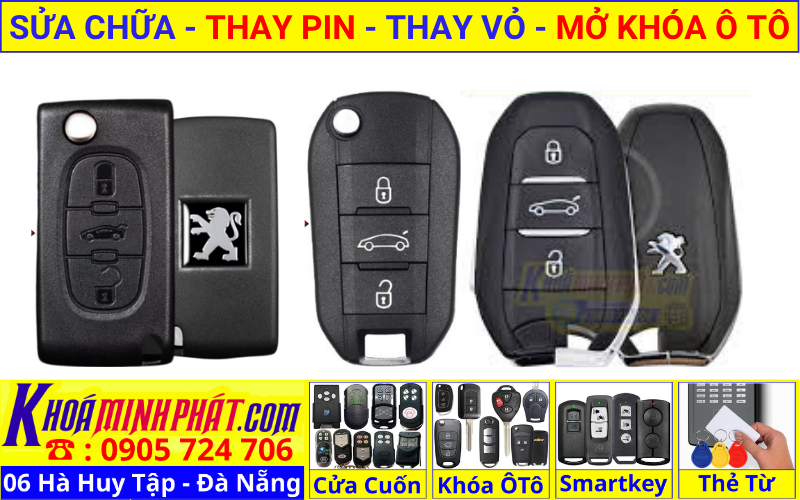 Làm chìa khóa xe ô tô tại Đà Nẵng - thay vỏ thay pin sửa chữa remote smartkey điều khiển xe Peugeot 2008, 3008, 5008, 408, 508