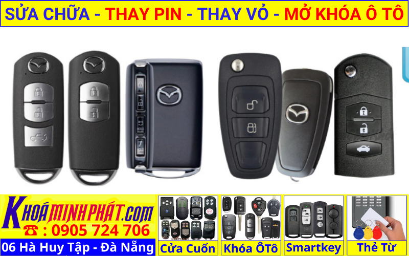 Làm chìa khóa xe ô tô tại Đà Nẵng - thay vỏ thay pin sửa chữa remote smartkey điều khiển xe Mazda 3, BT50, CX5, CX8, CX30 Mazda2, Mazda6