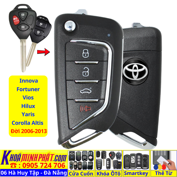 Chìa sẵn mạch gập gọn Toyota Innova, Fortuner, Vios, Hilux, Yaris, Corolla Altis 2006–2013 điều khiển từ xa V21