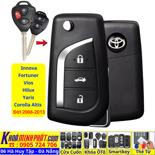 Chìa khóa Remote gập gấp gọn Toyota Innova, Fortuner, Vios, Hilux, Yaris, Corolla Altis đời 2006–2013 sẵn mạch điều khiển V13
