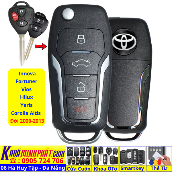 Chìa khoá gập nguyên mạch Toyota Innova Fortuner Vios Hilux Yaris Corolla Altis 2006 2007 2008 2009 2010 2011 2012 2013 V12
