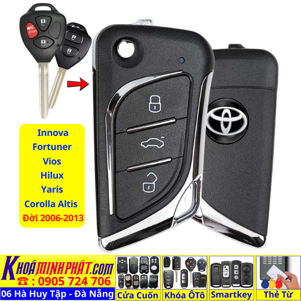 Remote gập học lệnh xe ô tô Toyota Innova, Fortuner, Vios, Hilux, Yaris, Corolla Altis 2006–2013 mẫu gập gọn V17